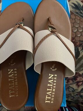 Italian Shoemakers Beige Elastic and Brown Leather Slide Sandals